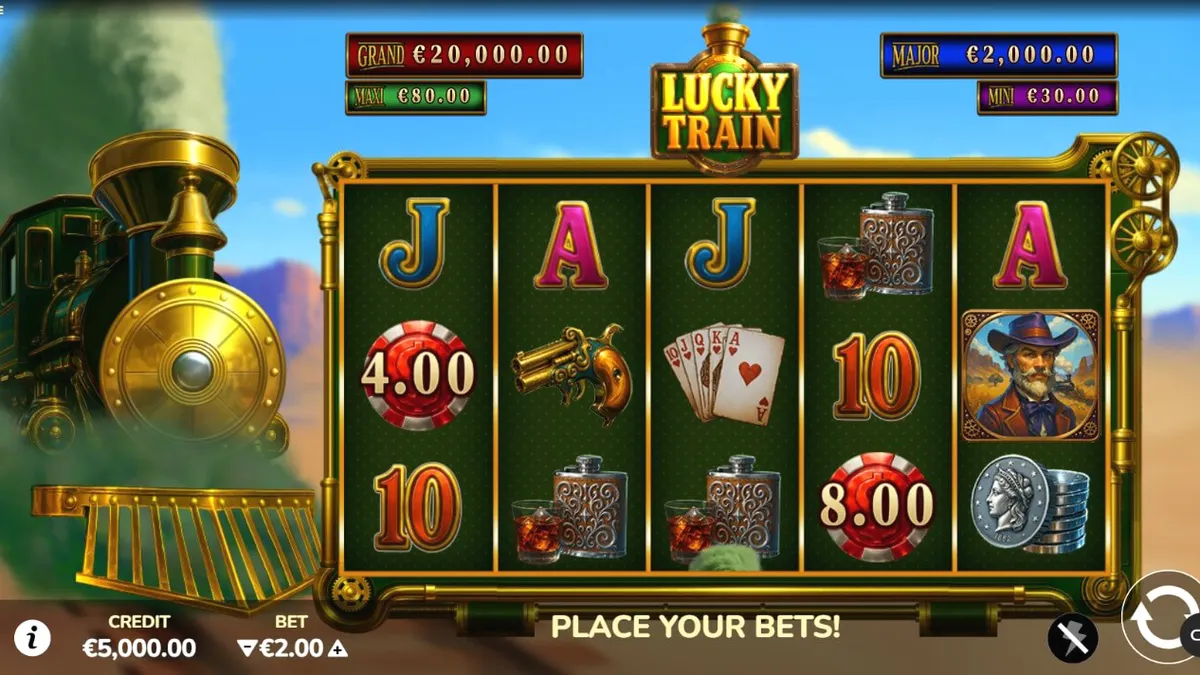 Tampilan visual mesin slot Lucky Train dengan tema steampunk dan kereta api