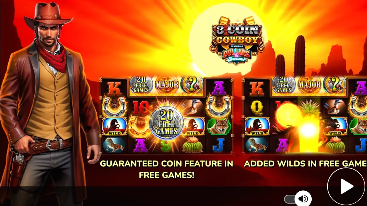 Tampilan visual slot 3 Coin Cowboy Dollars & Dreams dengan latar belakang kota koboi